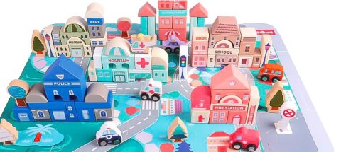 Drewniane klocki edukacyjne miasto z matą 115 szt ECOTOYS ECOTOYS Drewniane klocki edukacyjne miasto z matą 115 szt ECOTOYS ECOTOYS