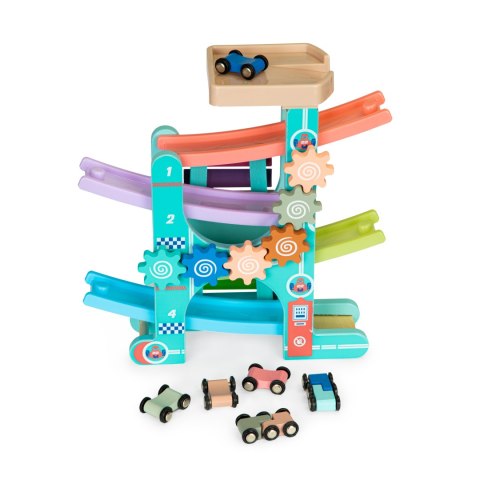 Drewniany tor zjeżdżalnia + 6 autek + cymbałki ECOTOYS ECOTOYS Drewniany tor zjeżdżalnia + 6 autek + cymbałki ECOTOYS ECOTOYS
