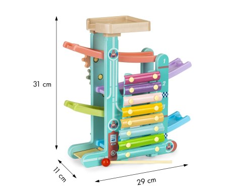 Drewniany tor zjeżdżalnia + 6 autek + cymbałki ECOTOYS ECOTOYS Drewniany tor zjeżdżalnia + 6 autek + cymbałki ECOTOYS ECOTOYS