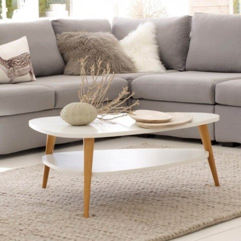 Nowoczesny stolik kawowy półka drewniane nogi biały ModernHome ModernHome Nowoczesny stolik kawowy półka drewniane nogi biały ModernHome ModernHome