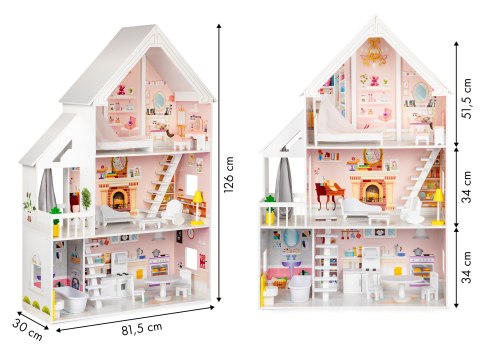 Domek dla lalek drewniany 3 piętra XXL Rezydencja Pudrowa ECOTOYS ECOTOYS