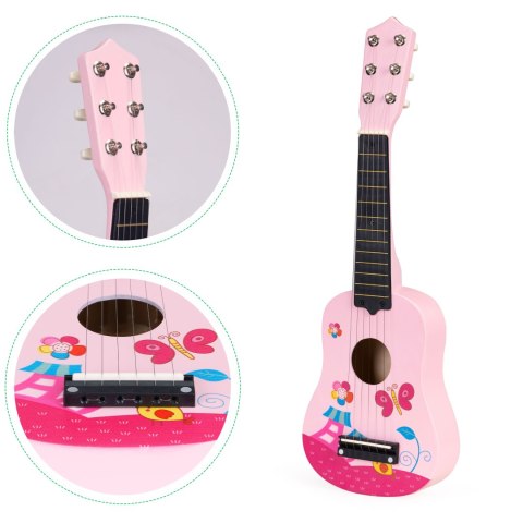 Gitara dla dzieci drewniana metalowe struny kostka różowa ECOTOYS ECOTOYS