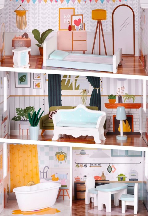 Domek dla lalek Alice 3 piętra 4 pomieszczenia komplet 9 mebelków ECOTOYS ECOTOYS