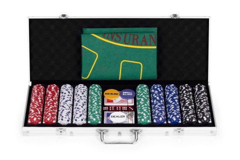 Zestaw do pokera blackjacka 500 żetonów 2 talie kart kości mata do gry zamykana walizka MULTISTORE