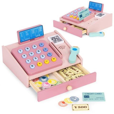 Drewniana kasa fiskalna dla dzieci skaner banknoty monety karta MULTISTORE