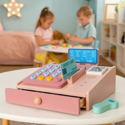 Drewniana kasa fiskalna dla dzieci skaner banknoty monety karta MULTISTORE