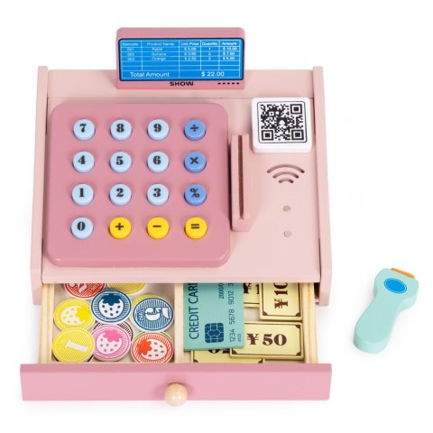 Drewniana kasa fiskalna dla dzieci skaner banknoty monety karta MULTISTORE