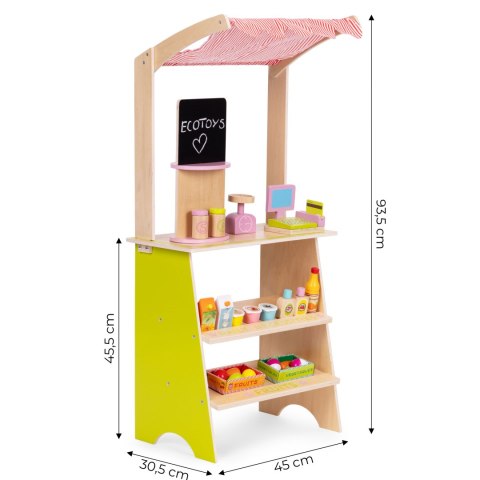Duży drewniany stragan dla dzieci sklep z terminalem i wagą owoce warzywa 20 elementów ECOTOYS ECOTOYS