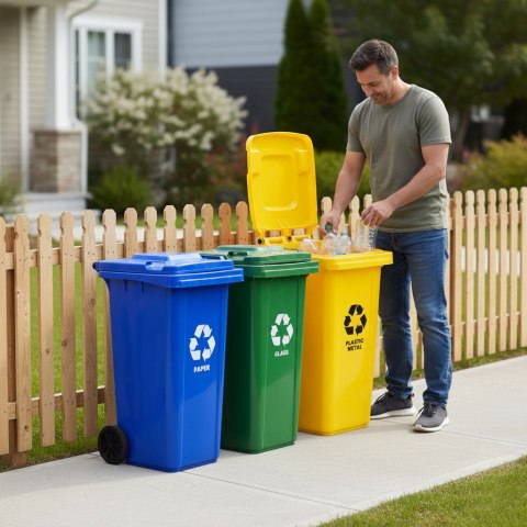 Zestaw 3 koszy na śmieci pojemniki 3x120L niebieski zielony żółty makulatura szkło plastik gumowe koła MULTISTORE