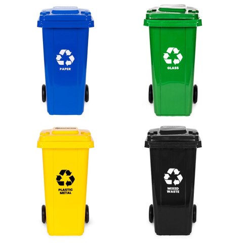 Zestaw 4 koszy na śmieci pojemniki 4x120L niebieski zielony żółty czarny makulatura szkło plastik odpady zmieszane gumowe koła MULTISTORE