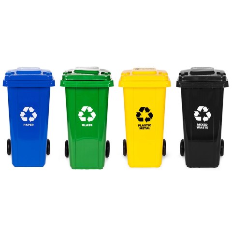 Zestaw 4 koszy na śmieci pojemniki 4x120L niebieski zielony żółty czarny makulatura szkło plastik odpady zmieszane gumowe koła MULTISTORE