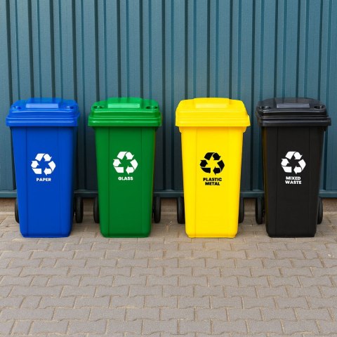 Zestaw 4 koszy na śmieci pojemniki 4x120L niebieski zielony żółty czarny makulatura szkło plastik odpady zmieszane gumowe koła MULTISTORE