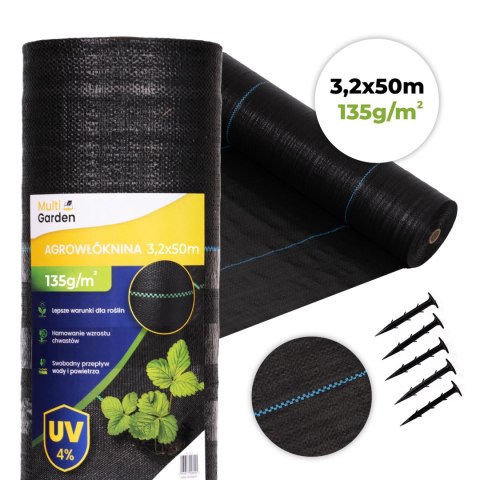 Agrowłóknina czarna agrotkanina UV 135g mata antychwastowa 3,2x50m kołki MulltiGarden MultiGarden