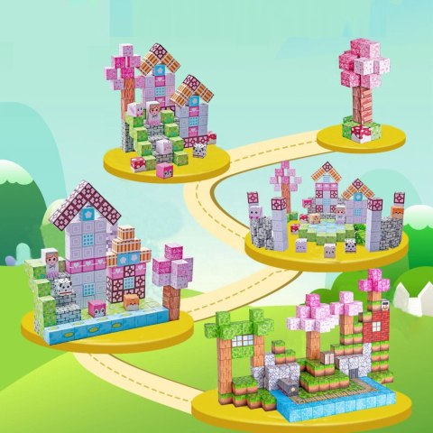 Klocki magnetyczne konstrukcyjne dla dzieci 140 elementów szcześcianny - różowe MULTISTORE
