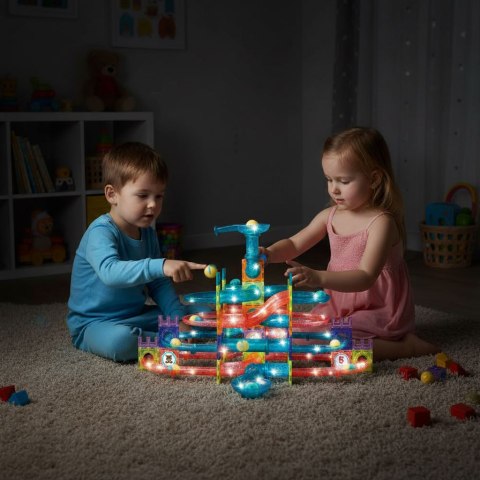 Klocki magnetyczne tor kulkowy LED klocki konstrukcyjne kulodrom 166 elementów MULTISTORE