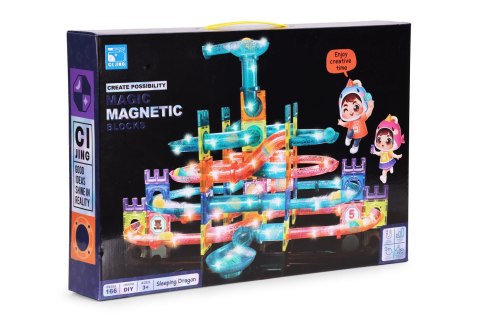 Klocki magnetyczne tor kulkowy LED klocki konstrukcyjne kulodrom 166 elementów MULTISTORE