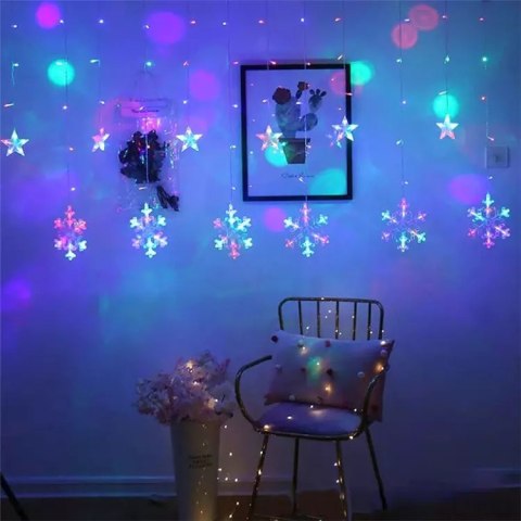 Lampki płatki śniegu gwiazdki świąteczne światełka kurtyna 138LED MULTISTORE Lampki płatki śniegu gwiazdki świąteczne światełka kurtyna 138LED MULTISTORE