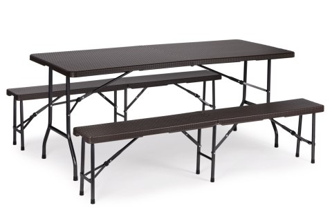 Zestaw cateringowy stół bankietowy 180 cm 2 ławki ratan brąz ModernHome ModernHome Zestaw cateringowy stół bankietowy 180 cm 2 ławki ratan brąz ModernHome ModernHome