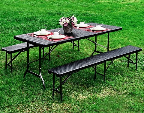 Zestaw cateringowy stół bankietowy 180 cm 2 ławki ratan brąz ModernHome ModernHome Zestaw cateringowy stół bankietowy 180 cm 2 ławki ratan brąz ModernHome ModernHome