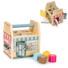 Drewniana kostka edukacyjna, sorter klockami cztery zamki, uchwyt ECOTOYS