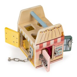 Drewniana kostka edukacyjna, sorter klockami cztery zamki, uchwyt ECOTOYS