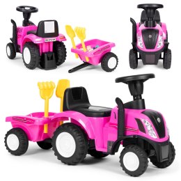 Jeździk traktor New Holland z przyczepką interaktywna kierownica dźwięki dla dzieci różowy MULTISTORE