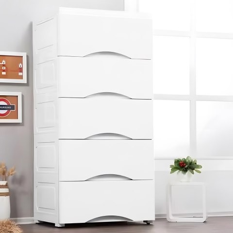 Regał z 5 wysuwanymi szufladami nogi z kółkami - biały ModernHome ModernHome Regał z 5 wysuwanymi szufladami nogi z kółkami - biały ModernHome ModernHome