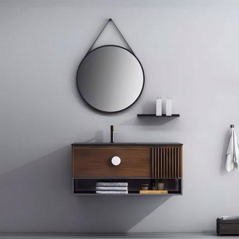 Okrągłe lustro ścienne 80 cm wiszące na pasku nowoczesne czarna rama ModernHome ModernHome Okrągłe lustro ścienne 80 cm wiszące na pasku nowoczesne czarna rama ModernHome ModernHome