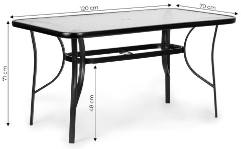 Stół ogrodowy szklany 120x70 cm na taras ogród szkło hartowane otwór na parasol MultiGarden MultiGarden Stół ogrodowy szklany 120x70 cm na taras ogród szkło hartowane otwór na parasol MultiGarden MultiGarden
