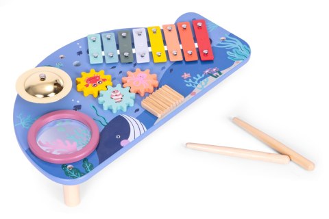 Stolik z instrumentami stół muzyczny cymbałki talerz perkusyjny tarka motyw morski ECOTOYS ECOTOYS Stolik z instrumentami stół muzyczny cymbałki talerz perkusyjny tarka motyw morski ECOTOYS ECOTOYS